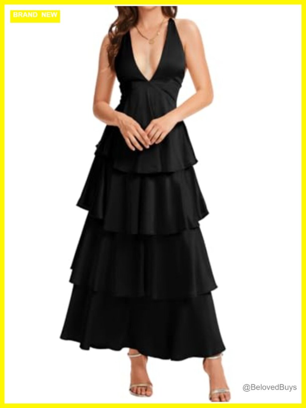 Satin Ruffle Tiered Maxi Dress Deep V Backless Formal Wedding Guest
